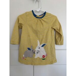 Baby Boden Yellow White Stripe Bunny Applique Long Sleeve Dress 6-12 Months